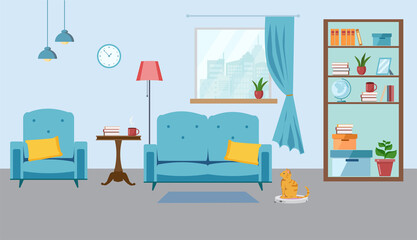 Cozy apartment interior with a sofa and a view from the window. The cat is sitting on a robot vacuum cleaner