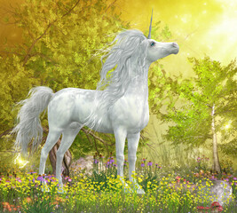 Naklejka na ściany i meble Unicorn Stallion in Meadow - A white Unicorn stallion stands in a meadow full of yellow flowers, Coneflowers and mushrooms.