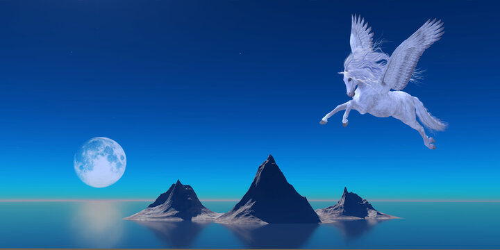 Pegasus by Ocean - A beautiful white Pegasus flies over the calm waters of the ocean as a full moon reflects on the water.