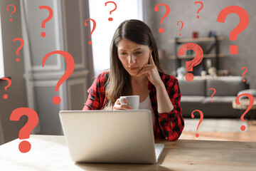 Woman teleworker works at home with a laptop but has some questions