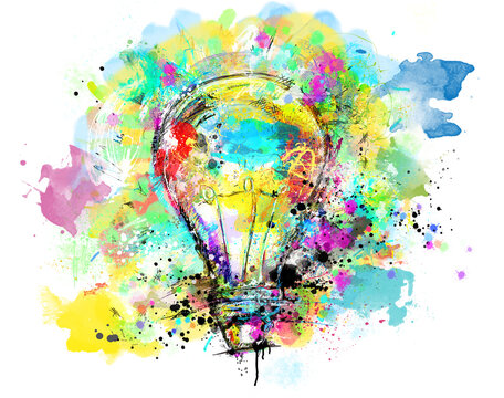 Big stylized light bulb on white background drawn with splashes of colored paint. Concept of innovation and creativity