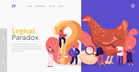 Paradox Which Came First Chicken or Egg Landing Page Template. Chicken-and-egg Metaphoric Adjective. Characters and Hen