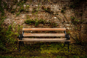 An antique wooden bench against a red brick wall in an Irish autumn garden park