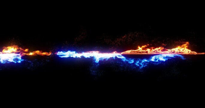Fiery red and icy blue line of energy visual effect loop.  Abstract flames dancing in a line. Divider between hot and cold. 3D render, 4K loop