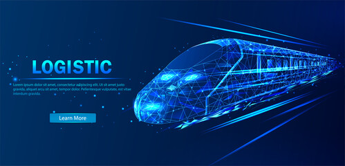 Future logistics, transport concept.  Abstract vector in futuristic polygonal style with wireframe, lowpoly triangles on a blue background with stars. Logistics concept high-speed train. © varflolomey