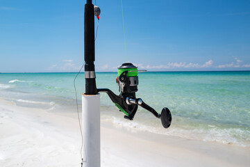 Fishing Sea and Summer vacation. Fishing rod, spinner, fish-rod. Relaxing seascape.