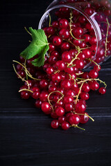 Red currants and green leaves on a dark wooden background. Background with currant berries and green leaves. Currant macro.