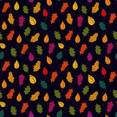 Fallen leaves pattern. Bothnian autumn pattern with fallen leaves of trees on a black background. autumn background. Vector illustration in flat style for wrapping paper, textile printing, blogs