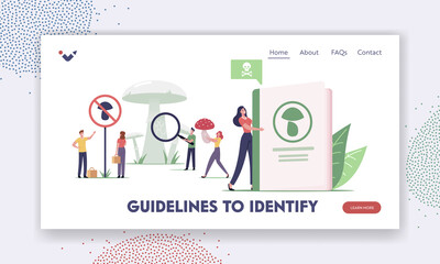 Tiny Characters Learning Poisonous Mushrooms Landing Page Template. People Reading Book Study Edible and Inedible Fungi
