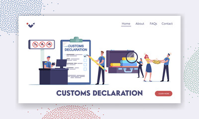 Airport Security Landing Page Template. Tiny Customs Officers Filling Customs Declaration and Check Passenger Baggage