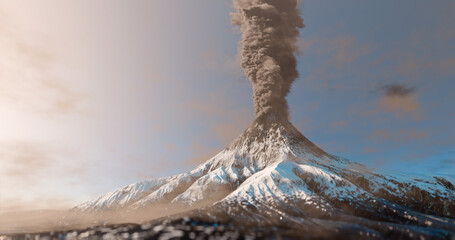 Snowy mountain volcano eruption with smoke cloud over the top