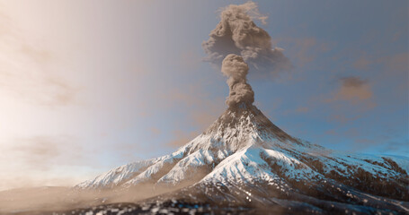 Snowy mountain volcano eruption with smoke cloud over the top - obrazy, fototapety, plakaty