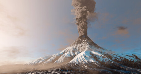 Snowy mountain volcano eruption with smoke cloud over the top - obrazy, fototapety, plakaty