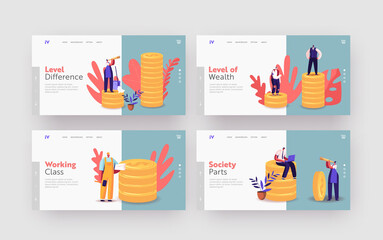 Society Structure Landing Page Template Set. Tiny Characters of Different Class Stand on Huge Gold Piles. Cartoon People