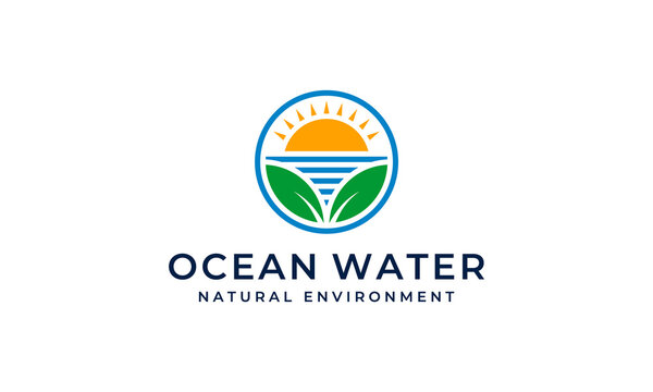 Green Orange Ocean Water leaf eco sun natural environment logo design template