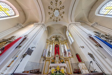  interior dome and looking up into a old gothic or baroque catholic church ceiling and vaulting and...