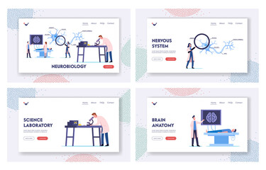 Obraz na płótnie Canvas Scientists Characters Lear Human Brain in Laboratory Landing Page Template Set. People in Lab with Scheme and Equipment