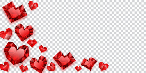 Illustration of red hearts made of crystals witn shadows on transparent background