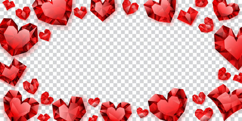 IlluIllustration of red hearts made of crystals witn shadows on transparent background