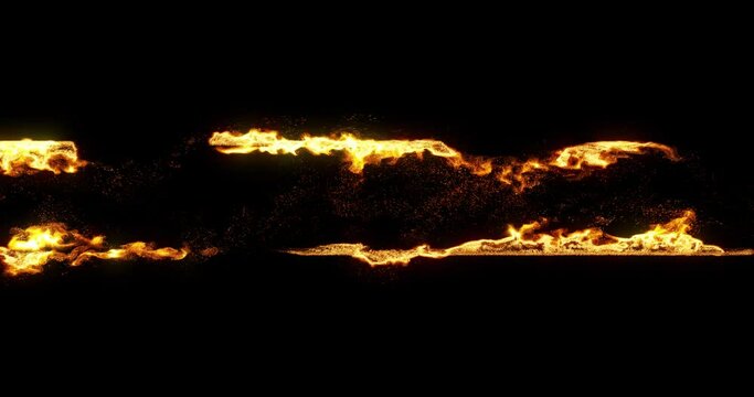 lines of fire and flames spreading inward. perfect for title or logo. Wall of flames and embers burning fuel in high heat.  Fiery blaze or inferno visual effect background. 3D render, 4K loop