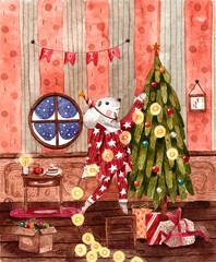 Christmas watercolor mouse decorates house. Christmas tree with garland lights and presents. Cozy house. Winter mouse, an illustration for postcards, posters, textile design and other Souvenirs.