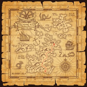 Old pirate map, vector worn parchment with treasure location, sea, islands and land, wind rose and cardinal points. Vintage grunge paper pirate map with route to find chest with treasury, adventure