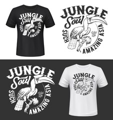 Great hornbill bird t-shirt print mockups. Asian jungles exotic bird with horn on big beak sitting on tree branch monochrome engraved vector. Tropical nature fauna, wild life clothing print template © Vector Tradition