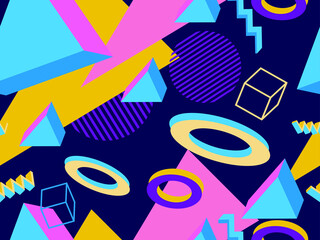 Geometrische Memphis nahtlose Muster im Stil der 80er Jahre. Moderner trendiger Hintergrund mit 3D-Objekten, virtueller Realität für Werbeartikel, Geschenkpapier und Druck. Vektor-Illustration