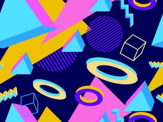Behang Memphis stijl Geometrische memphis naadloos patroon in stijl van de jaren 80. Moderne trendy achtergrond met 3D-objecten, virtual reality voor promotionele producten, inpakpapier en afdrukken. vector illustratie