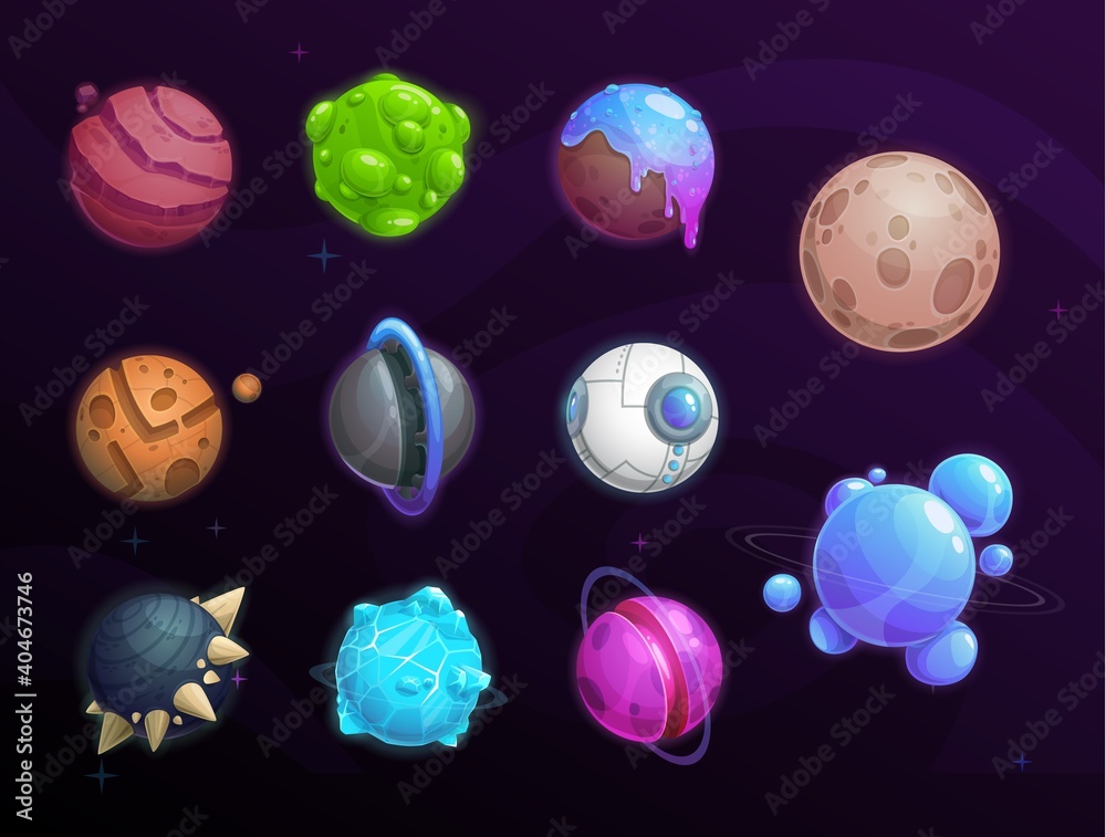Poster Planets of fantasy space cartoon vector set, game ui, gui or user interface design. Galaxy universe of alien world with planets, stars, asteroids and orbit satellites, craters, ice, rings and horns