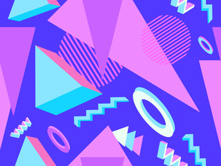 Geometric memphis seamless pattern in style of the 80s. Modern trendy background with 3d objects, virtual reality for promotional products, wrapping paper and printing. Vector illustration