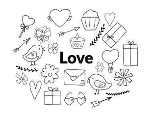 Happy Valentine’s day  greeting card design. Cute doodle love clipart. Hand lettering Love you. 14 February, St Valentine holiday. Wedding clipart, hand drawn romantic illustration