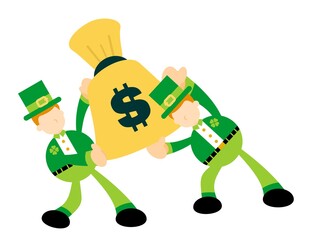 leprechaun fight for money bag cartoon doodle flat design style vector illustration