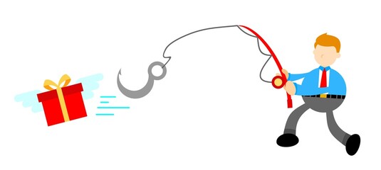 happy Businessman Catch Bait Gift Box Cartoon doodle vector illustration flat design style