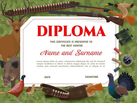 Diploma With Wild Animals And Hunting Ammo And Weapon. Vector Certificate Template With Hunter Equipment Rifle, Compass And Cartridge Belt, Bullets, Deer, Pheasant Or Duck. Hunting Society Award Frame