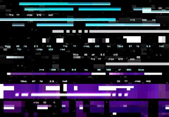 Abstract background with glitch effect, vector distortion, glitched colored horizontal stripes, numbers and random pixels on black screen. Television distorted glitch video effect, no signal TV frame