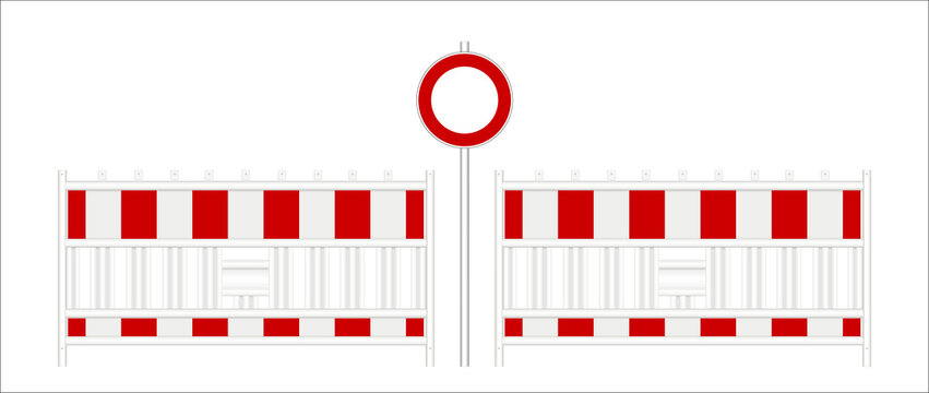 Baustellen Absperrschranke mit Verbots-Schild, 
Banner Schranken Set in wei&szlig;-rot,
Vektor Illustration isoliert auf wei&szlig;em Hintergrund
