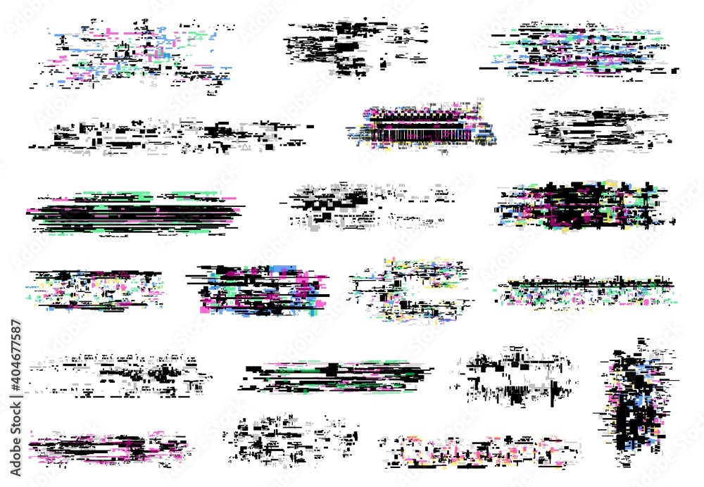 Poster Glitch textures vector set of digital pixel noise, tv screen and television static error, VHS video distortion, computer code failure, no signal effect. Interference color glitched pixel mosaic design