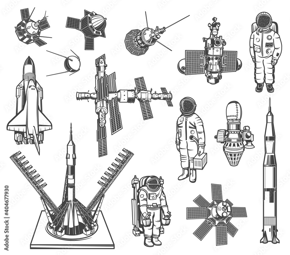 Poster space exploration vector icons astronaut, rocket and satellite with galaxy station. cosmos explore s