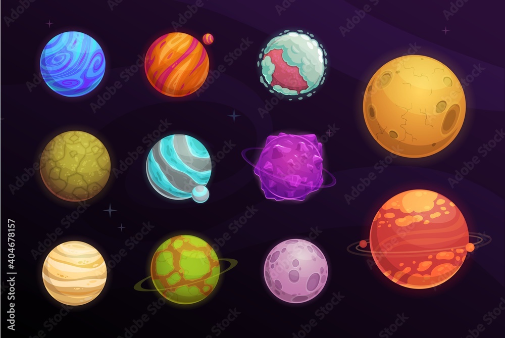 Poster Alien planets vector cartoon set of space game user interface, ui or gui design. Fantasy galaxy universe planets and stars with craters, asteroids and satellites, orbits, ice crystal and meteor rings