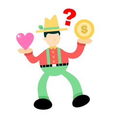 farmer man choose love and gold coin money dollar cartoon doodle flat design style vector illustration