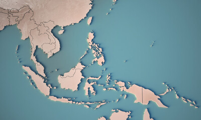 Continental map of Southeast asia. Topography 3d render world map.