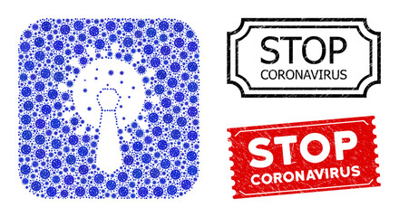 Vector mosaic covid boss and grunge Stop Coronavirus seal stamps. Mosaic covid boss created as hole from rounded square with blue Covid-2019 items.