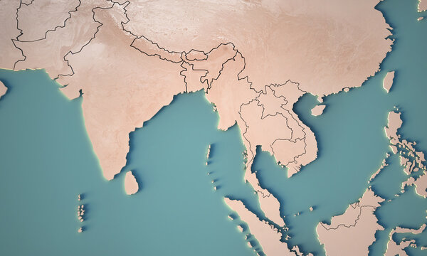 Fototapeta Continental map of South asia. Topography 3d render world map.