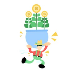 farmer man and gold coin money dollar garden cartoon doodle flat design style vector illustration