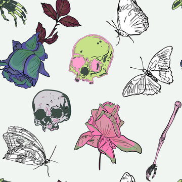 Seamless illustration of skull, butterflies, roses, bones on light gray background. Mystical pattern, Halloween, witches, astrology, palmistry