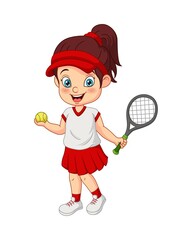 Cartoon funny girl playing tennis