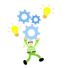 Worker engineer people man and cog wheel gear lamp light system solution cartoon doodle flat design style vector illustration