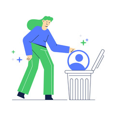 Vector illustration of delete an social media account. Women throw account data in the trash.
