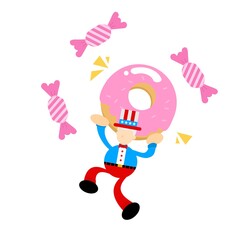 Fototapeta na wymiar uncle sam america and pink sweet candy doughnut beverage cartoon doodle flat design style vector illustration